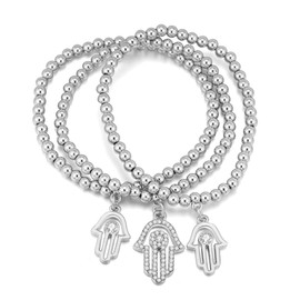 Women Charm Bracelet Stretch Bead Bangle Bracelet Hamsa Hand Pendant Friendship Bracelet Cuff Bracelet for Girls with CZ Crystal (Silver Plated Hamsa Hand)