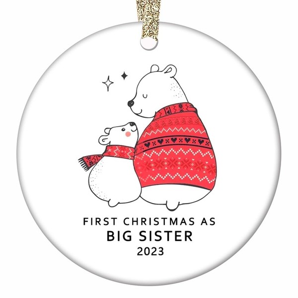 Big Sister Gift Ideas Ornament 2023 Baby's First Christmas Keepsake from Little Sibling Newborn Twin Memento Best Friends Cute Woodland Bears Red & White Ceramic 3" Flat Circle Tree Decoration