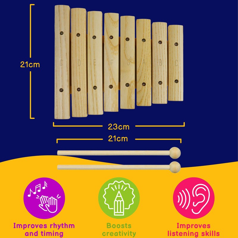 A-Star Wooden Xylophone, Children's Musical Instrument, 8 Notes with Pair
