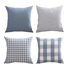 amokk Pack of 4 Decorative Pillow Covers Striped and Plaid Throw Pillow Covers 18x18 inch Rustic Pillow Cases for Sofa Bedroom Living (Blue)