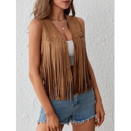 GORGLITTER Women's Fringed Rivet Faux Suede Vest Open Front Sleeveless 70s Hippie Jacket Cowgirl Outfits Brown Medium