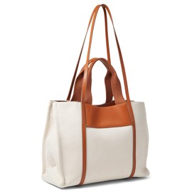 Anne Klein Womens Medium Color Blocked Canvas Tote, Tan- Cream/Saddle