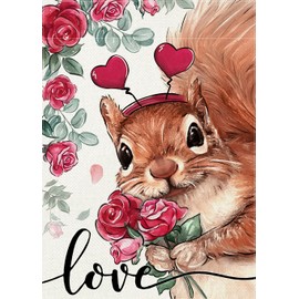 Covido Valentine's Day Love Squirrel Decorative Garden Flag, Rose Flowers Floral Red Heart Yard Outside Decorations, Anniversary Wedding Holiday Burlap Outdoor Small Home Decor Double Sided 12 x 18