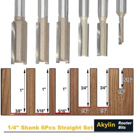 Akylin 6Pcs Straight Router Bit Set,1/4" Shank,Cutting Dia. 1/8",2pcs *1/4",2pcs *5/16",3/8" Carbide Tipped Double Flute Straight Cutter for Woodworking Routing, Plunging, Dadoing
