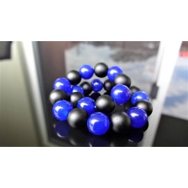 RAYON Blue Jade & Matte Onyx Bead Bracelet for Men Women Stretch 8mm 7.5" inch