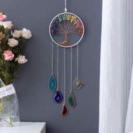 Moon Crystals Tree of Life Dream Catchers,Natural Gem Agate Wall Hangings for Windows Garden Home Décor (Colorful Moon Tree of Life)