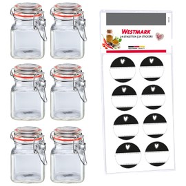 Westmark Wire Clip On Jars Set of 6 - For Spices, Herbs and Teas - Includes 8 Decorative Labels - Clear 100ml
