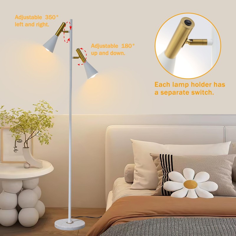 Asmymhd Elegant Modern Floor Lamp with 2 Adjustable Head,White and