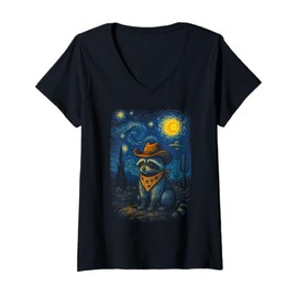 Womens Raccoon Cowboy in Western Desert with Cactus and Night Sky V-Neck T-Shirt
