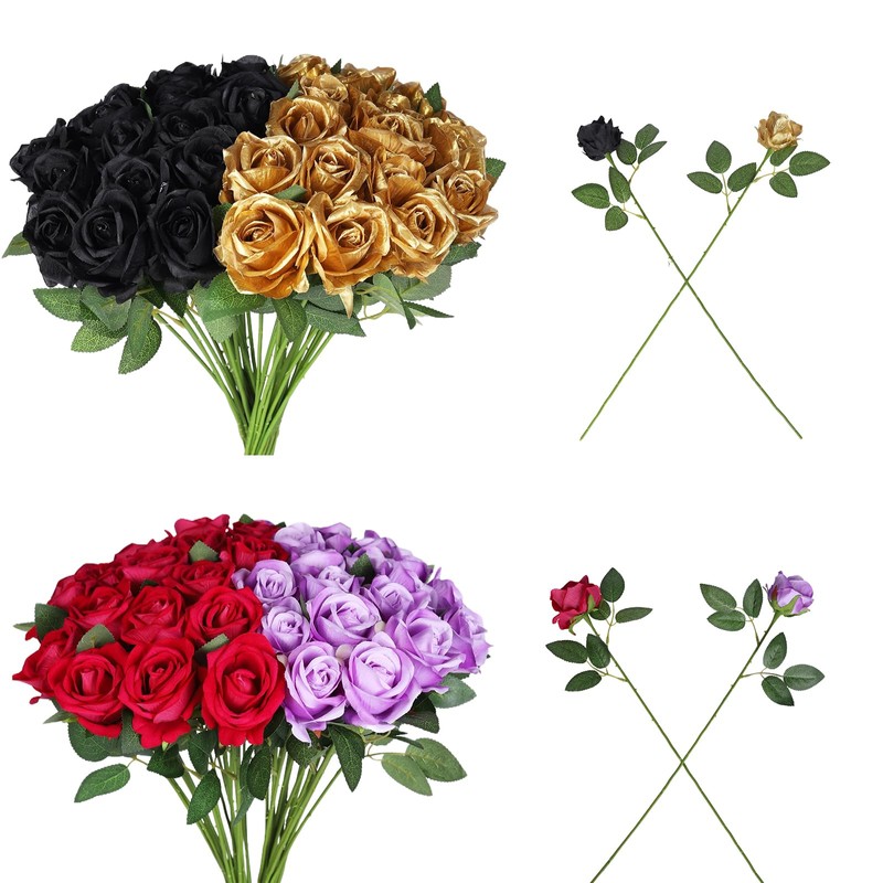 IHFAIO 40 PCS Artificial Flowers Fake Roses with Long Stem