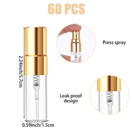 Dimeho 60 Pcs 3ml Fine Mist Atomizer Empty Glass Spray Bottle Refillable Perfume Travel Bottles Clear Portable Sample Containers with Gold Lids for Cleaning Essential Oils Makeup Liquid DIY Party