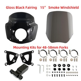 FATECIM Motorcycle 5.75" Headlight Fairing with 15" Smoke Windshield Windscreen & 48-58mm Mounting Kit Headlight Extension Block For Harley 2018 2019 2020 2021 2022 Softail FXBB Street Bob