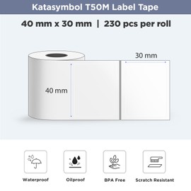 SUPVAN KATASYMBOL T50M Label Tape Waterproof, Clear Printing, Multipurpose Thermal Label Paper for File Folder, Organization, 40 mm x 30 mm, Black on Transparent, 230 Labels per Roll