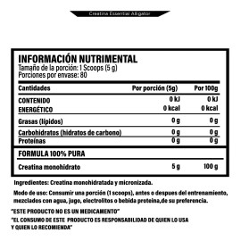 Alligator Creatina essential Creatina Monohidrato Testrol 80 Servicios. Sin sabor.