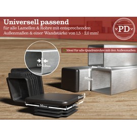 PD® Lamellar Plugs 50 x 50 mm for Square Tubes - Square End Caps Made of PE Plastic - Pipe Plugs for Pipe Cover of Steel Pipe, Stainless Steel Tube, Aluminium Tube and Aluminium Profile - Square Plugs
