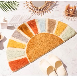 DyeFury Large 37" x 20" Sunrise Boho Bathroom Rugs,Half Circle Bath Mat Cute,Sun Bath Mats,Retro Bohemian Half Round Home Bathroom Decor,Small Colorful Fun Semi Round Shower Rug Non-Slip