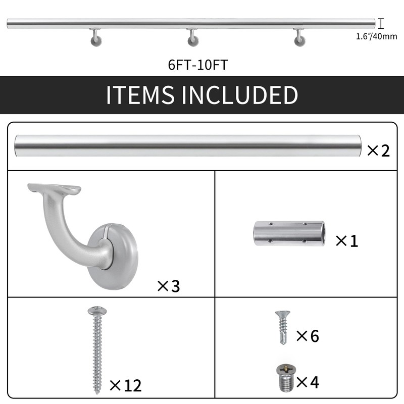 10FT Modern Aluminum Handrail Set, handrails for Indoor Stairs,Deck,Slope, Wall