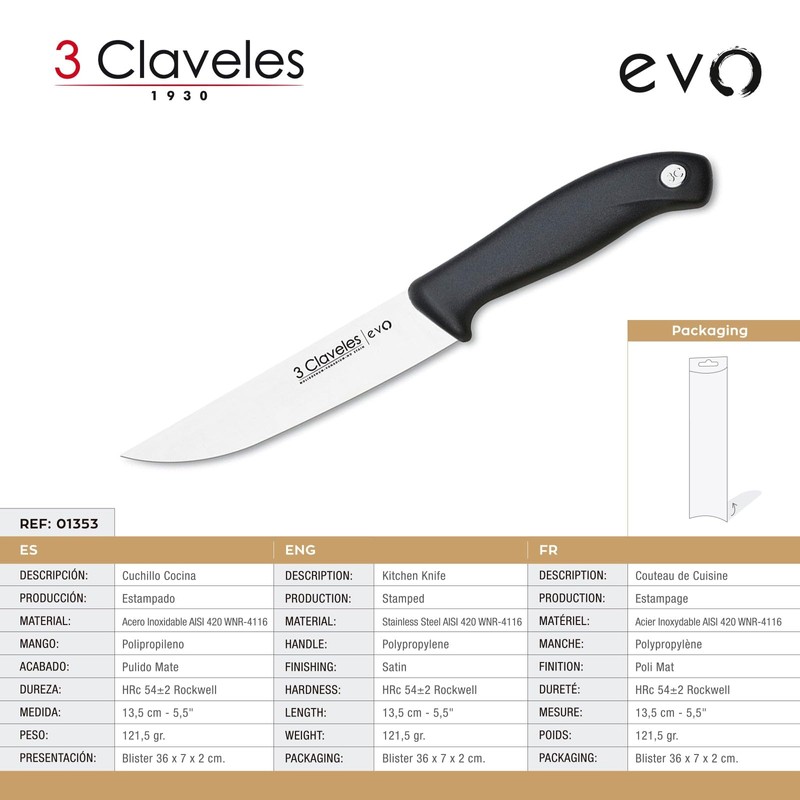 3 CLAVELES CUCHILLO COCINA Evo PL. 13,5 cm - 5,5"