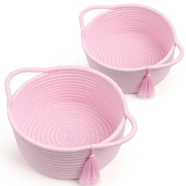 Empty Gift Basket - SweetMemo Mini Woven Rope Organizer Baskets for Baby Shower, Vanity, Makeup Brushes, Bathroom, Shelves, Desk - Small Decorative Storage Bins - Set of 2, Pre-Shaped, Blush Pink