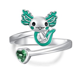 Axolotl Ring 925 Sterling Silver Adjustable Green Axolotl Open Ring Cute Animal Ring Axolotl Jewellery Gift for Girls Women, Sterling Silver, Cubic Zirconia