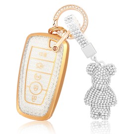 OFF WE GO for Ford Key Fob Cover with Bear Keychain, Soft TPU Protection Fob Case Compatible with Explorer Fusion Escape Edge Expedition F150 F250 F350 F450 F550 Maverick Mustang Smart Key, White