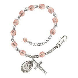 Bonyak Jewelry Hand Made Silver Plate Pink Rosary Bracelet with 6mm Fire Polished Beads Featuring a St. Rose of Lima Charm.