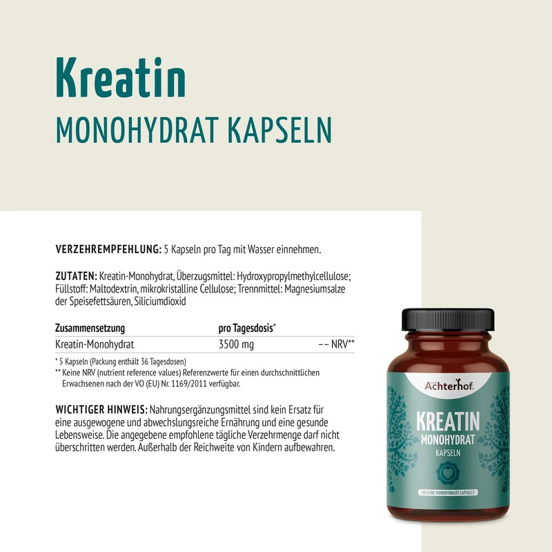 Achterhof Creatine Monohydrate 180 Capsules 700 mg Creatine Monohydrate Powder