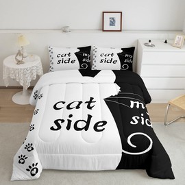 Erosebridal Cat Side & My Side Twin Bedding Set - Black & White Cute Cat Print Duvet Insert Modern Simple Romantic Theme Down Comforter