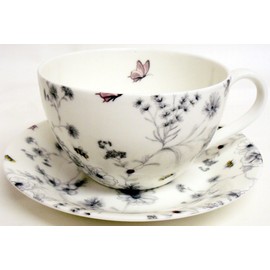 Secret Garden Breakfast Cup & Saucer Fine Bone China Flowers Butterflies & Bees Large Cup Saucer Set Hand Decorated in UK