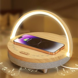 Bedside Table LED Night Light with Wireless Charger and Bluetooth Speaker, Desk Lamp As Sleep Aid White Noise Machine and Phone Holder, Great Birthday Gifts for Girlfriend, Women（Music Upgrade）