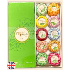 Pack of 10 Multi Variegated Anchor Pearl Cotton Balls Anchor Crochet Cotton Embroidery Thread Balls Size 8 (85 Meters Each) Double Shaded Coloured UK
