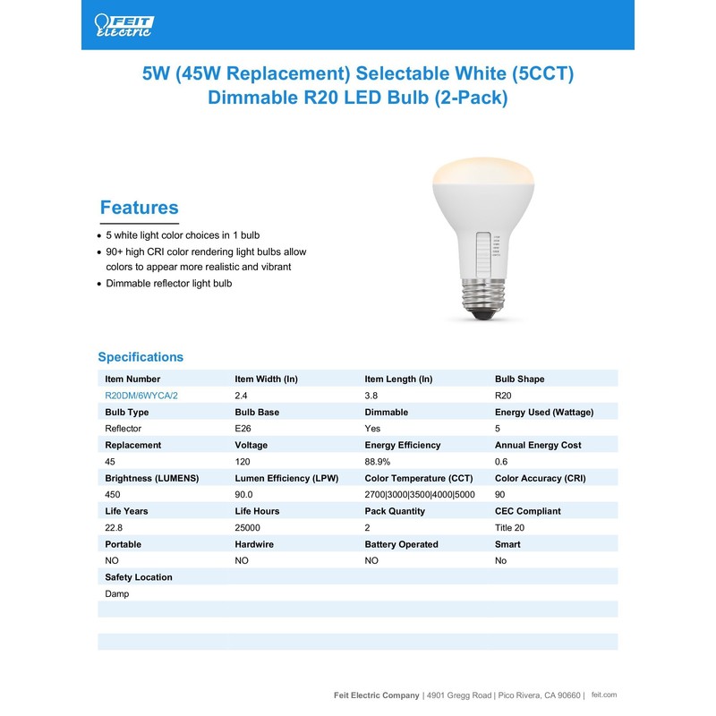 Feit Electric R20 LED Light Bulb, 45W Equivalent, Dimmable, Color