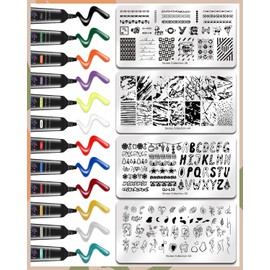 12 Colors Nail Stamping Polish Gels+5Pcs Stamp Print Templates+1 Peel Off Nail Tape Stamp Latex+1 Stamper with Scraper, Stamping Nail Polish Art Set Manicure Gift Collection