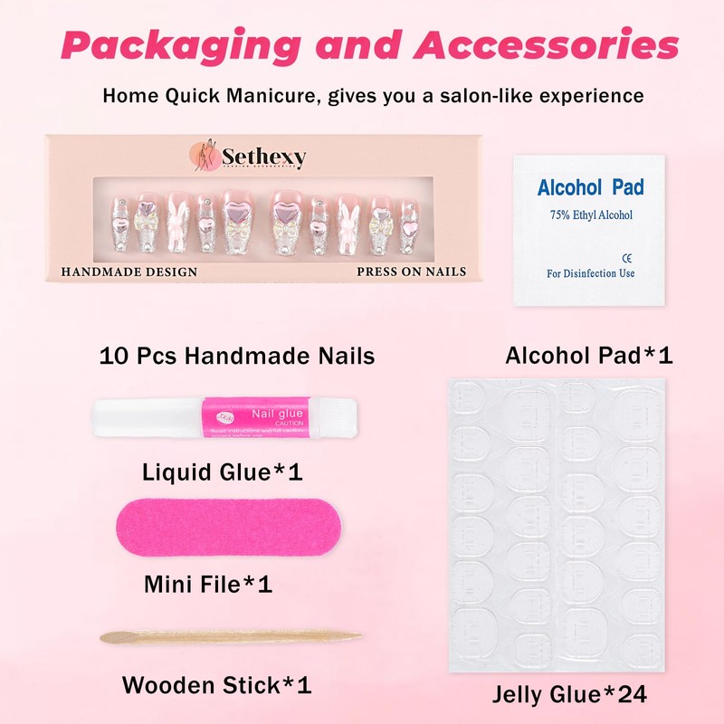 Sethexy Long Coffin Pink False Nails Handmade Rhinestones Glitter Luxury