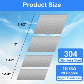 SimCos 16 Gauge Angled Finish Nails 304 Stainless Steel, (1-1/4", 1-1/2", 2", 2-1/2"), 20-Degree,Assorted Size Project Pack for Pneumatic, Electric Finish Nailer or Nail Gun (Assembly 1800)