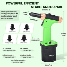 GRYVOZE Pneumatic Rivet Gun Air Pop Riveter Tool Kit with 3/32" 1/8" 5/32" 3/16" Rivet Nozzles, Pneumatic Riveting Gun, Upgraded Air Riveter Hydraulic Pop Riveting Rivets Tool, No-Self-Suction