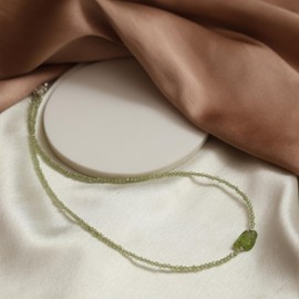 Gempires Peridot Beaded Choker Necklace with Raw Stone, Peridot Faceted Beads 2.4-2.5 mm, Stone Bead Necklace, August Birthstone Jewelry for Women,18 inches Adjustable Silver Plated Chain
