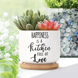 DecStic Happiness is A Kitchen Full of Love Ceramic Planters Bible Verse Flower Pots for Indoor Plants with Drainage Holes and Saucers Pot for Home Office Decoration