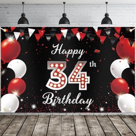 JOYKY Happy 34th Birthday Banner, Red Black Happy 34th Birthday Party Decorations for Men Women, 34 Year Old Birthday Supplies Backdrop Décor, 5.9 X 3.8 Fts