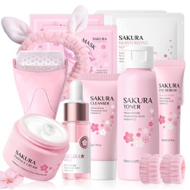 Sakura Skin Care Set Teenager Girls Gifts, 12 Pieces, with Cleanser, Toner, Serum, Eye Serum, Cream, Lip Mask, Face Mask, Face Roller, Rabbit Headband, for Teenage Girls and Women