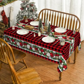 Horaldaily Christmas Tablecloth 60×60 Inch Square, Christmas Ball Ornaments Red Bufalo Plaid Washable Table Cover for Party Picnic Dinner Decor