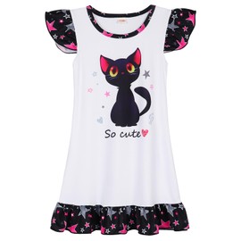 COTRIO Girls Nightgowns Cat Pajamas 3D Cute Cartoon Print Nightdress Sleep Wear Birthday Nightie Clothes for Kids 5-6 Years