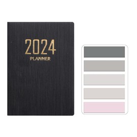 LuckyMoon Mini 2024 Daily Planner, PU Texture 120 Pages Appointment Diary Planner and Organiser from Jan 2024 to Dec 2024, A7 Size Pocket Calendar Notebook with Sticky Index Tabs Flags (Black)