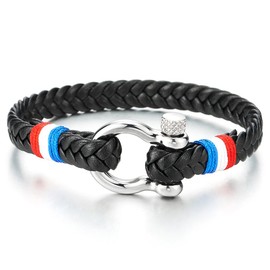 Steel Nautical Screw Anchor Shackle Black Leather Bracelet Red White Blue Cotton Cord, Men Women