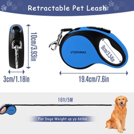 16Ft Retractable Dog Leash - for Small to Medium Dogs Up to 66lbs, Heavy Duty Retractable Leash with Light Rechargeable, Quick Lock Braking & Non-Slip Handle (Blue)