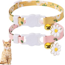 2Pcs Cat Collar With Bell, Cat Collars, Cat Collars With Bells, Cat Collar With Bell, Adjustable Kitten Collar Soft Flower Pattern Pet Collar for Cat(Yellow+Pink)