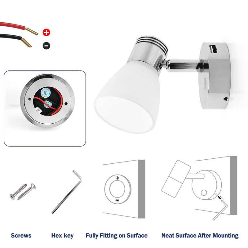 THALASSA 12V Boat Interior Reading Light USB Port, 3W DC