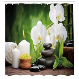 ABAKUHAUS Spa Shower Curtain Stones and Orchids Fabric Fabric Bathroom Decoration Set with Hooks 175 x 200 cm White Green and Black