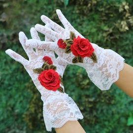 Women's Lace Short Mitten Gloves with Embroidered Flowers - for Brides, Weddings, Cocktail Parties, Tea Parties, Opera, Evenings, Dances & Elegant Short Courtesy Gloves. (White with Red Flowers)