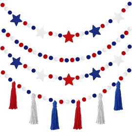 Jansun 4 Pack 26.3 Feet Patriotic Stars Banner Tassel Pom Pom Red Blue White Star Garland for 4th of July Independence Day Patriotic Veterans Party Memorial Day Birthday Hanging Decorations